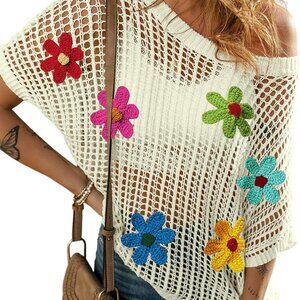 Womens Crochet Top Summer Off Shoulder Short Sleeve Vacation Beach Cover Up